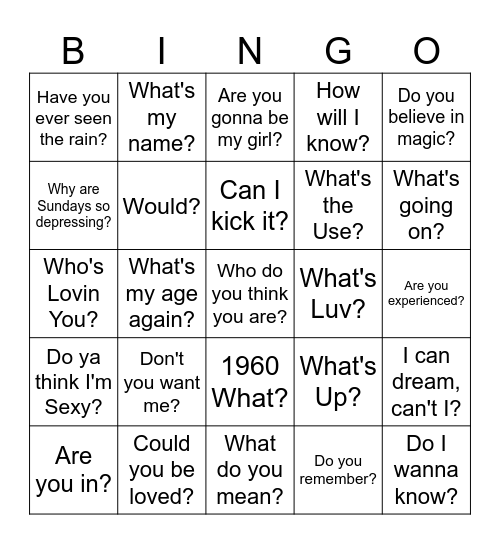 Songs with Questions Bingo Card