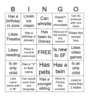 Middle School BINGO: Find someone who... Bingo Card