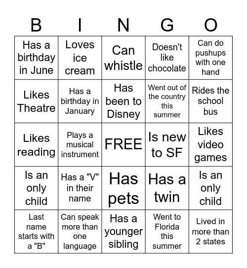 Middle School BINGO: Find someone who... Bingo Card
