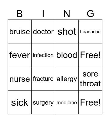 Hospital Words Bingo Card
