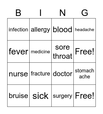 Hospital words Bingo Card