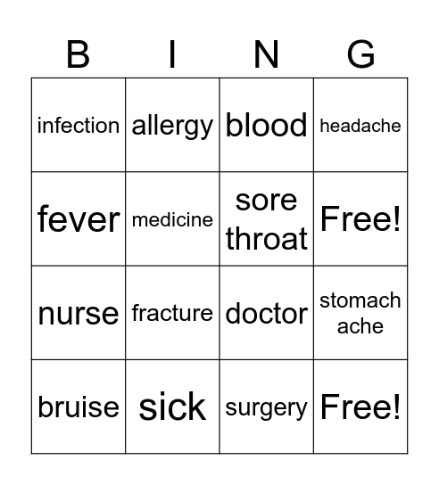 Hospital words Bingo Card