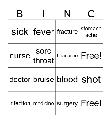 Hospital words Bingo Card