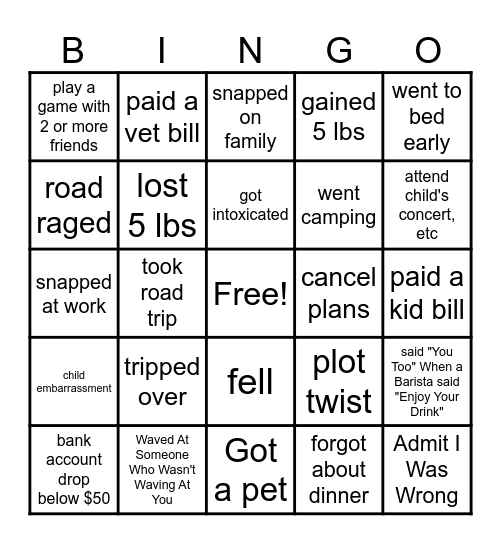 Life Bingo Card