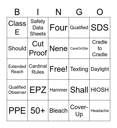 Safety Bingo Card