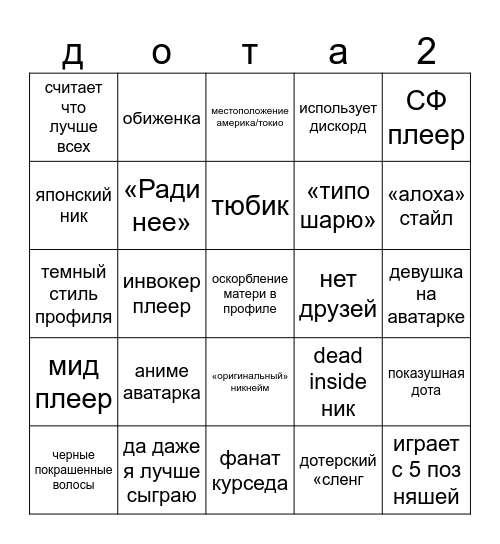 типичный дотер Bingo Card