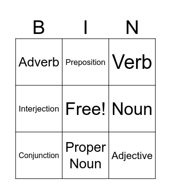 Parts of Speech Bingo Card