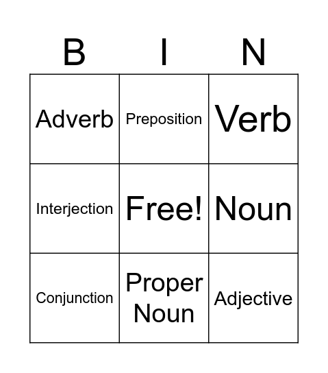 Parts of Speech Bingo Card