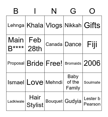 Hazra's Bridal Shower Bingo Card