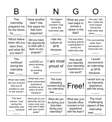 Summer Internship Reflection Bingo Card