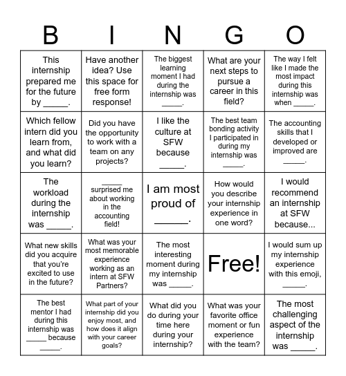 Summer Internship Reflection Bingo Card
