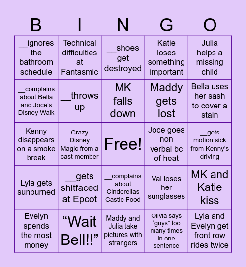 Disney Bachelorette Bingo Card