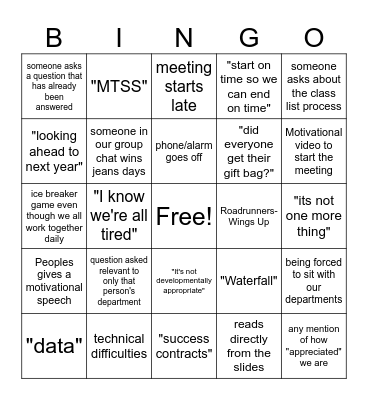 Staff Meeting Bingo Card