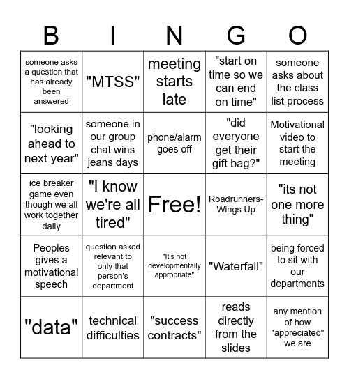 Staff Meeting Bingo Card