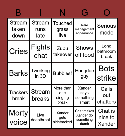 XANDER BINGO Card