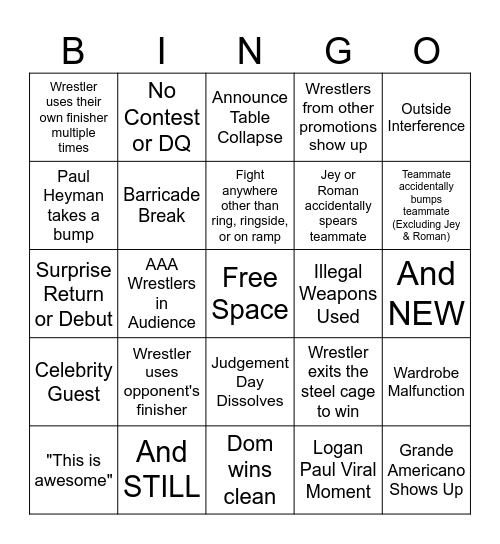 SummerSlam 2025 Bingo Card