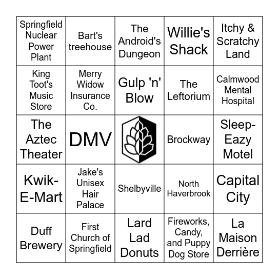 Simpsons Places Bingo Card