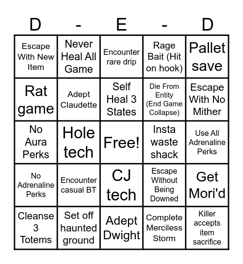 DbD Survivor BINGO Card