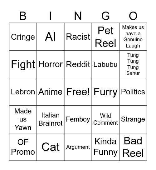 Instagram Reels Bingo Card