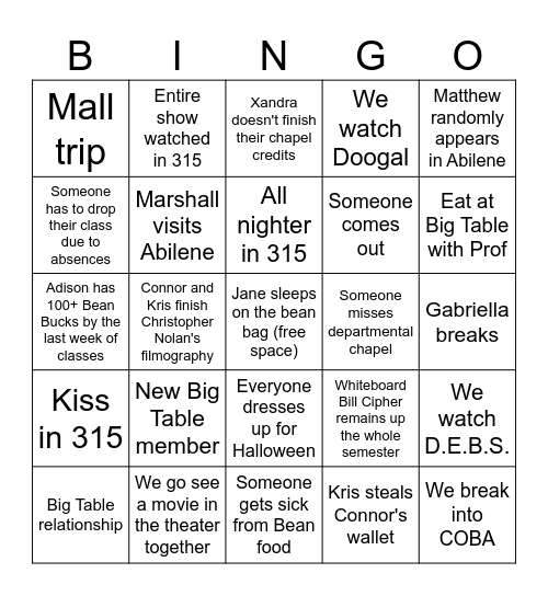 Semester Bingo Card