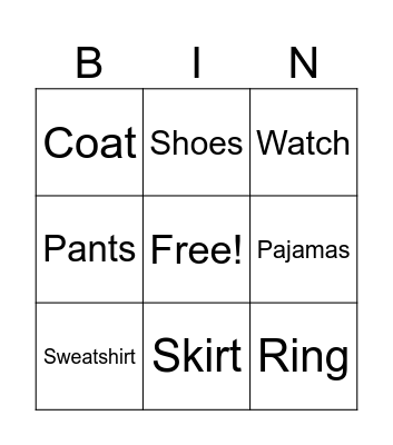 My Clothes Bingo Card