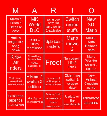 Nintendo Direct 8/1/2025 Bingo Card