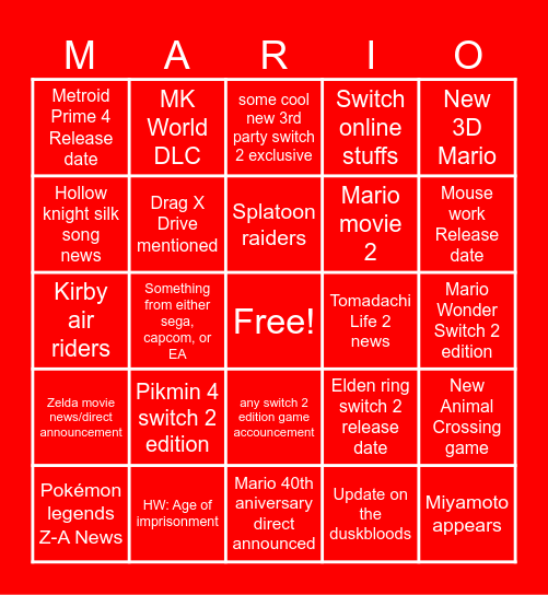 Nintendo Direct 8/1/2025 Bingo Card