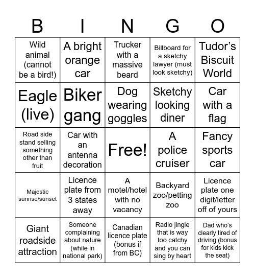 Troy’s Terrific Road Trip! Bingo Card