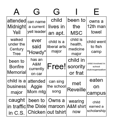 AGGIE - O Bingo Card