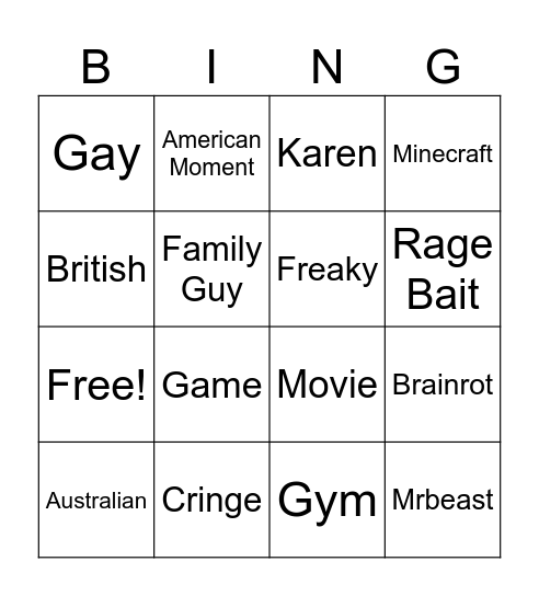 Yt Shorts Bingo Card