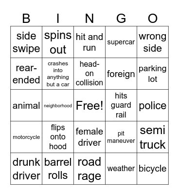 car crashes Bingo Card