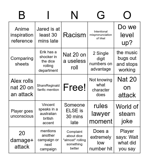 Dnd First session Bingo Card
