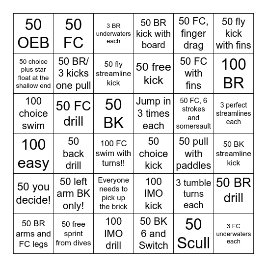 Brackley Swimming Club Summer Bingo Card