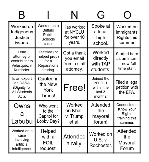 WHO DID WHAT? NYCLU INTERN BINGO Card