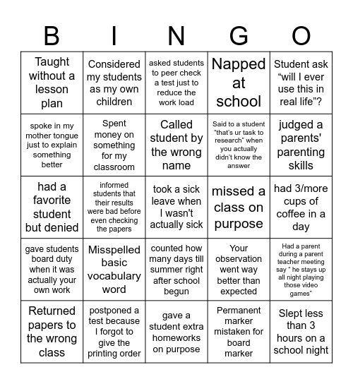 Never have I ever Teachers version Bingo Card