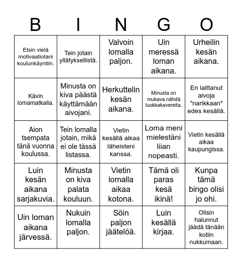 Lomalta paluu Bingo Card