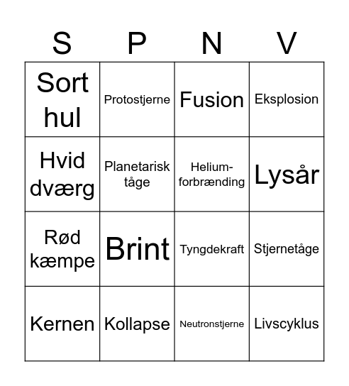 Stjernernes livscyklus Bingo Card