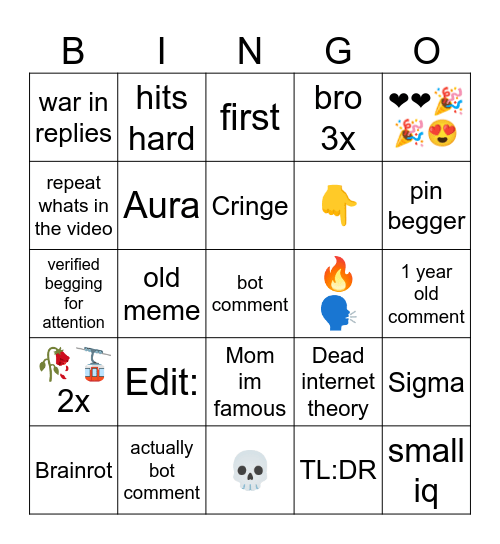 YT shorts comments Bingo Card