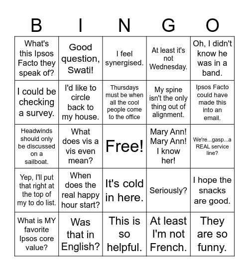 Thoughts I will have on Thursday Bingo Card