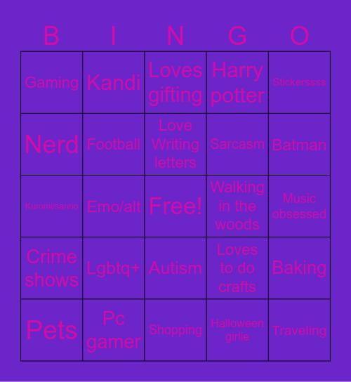 Pen Pal Bingo Card