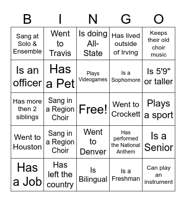 Choir Camp 2025 Bingo Card