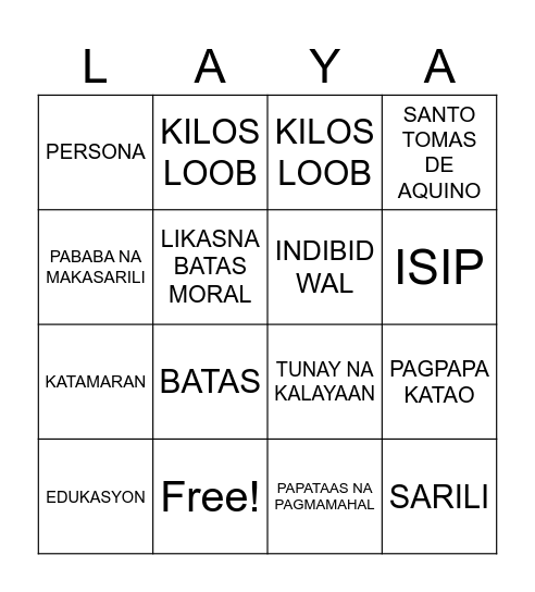 LAYA ! Bingo Card
