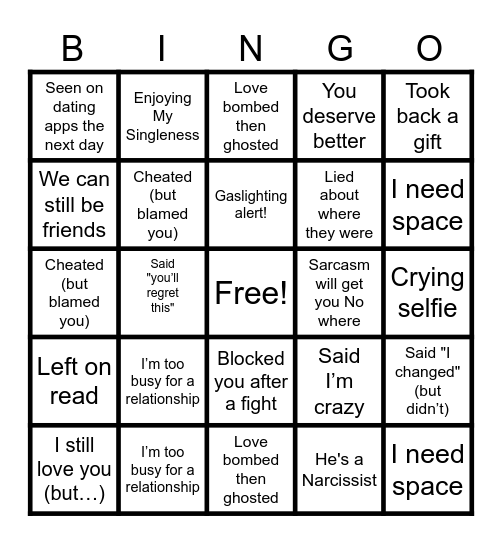 Break Up Bingo Card