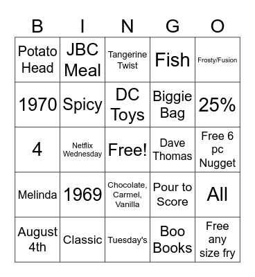 Wendy's Bingo Card