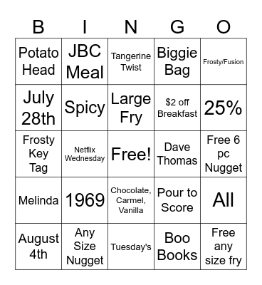 Wendy's Bingo Card