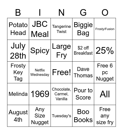 Wendy's Bingo Card