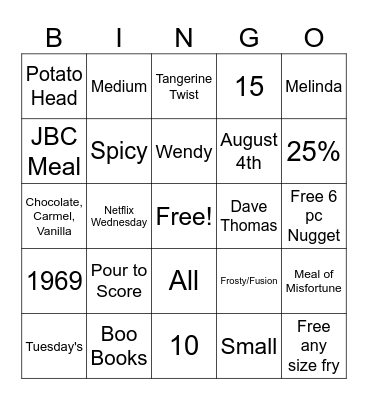 Wendy's Bingo Card
