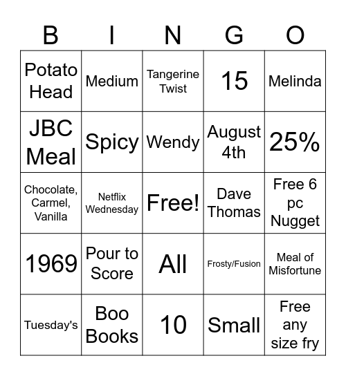 Wendy's Bingo Card