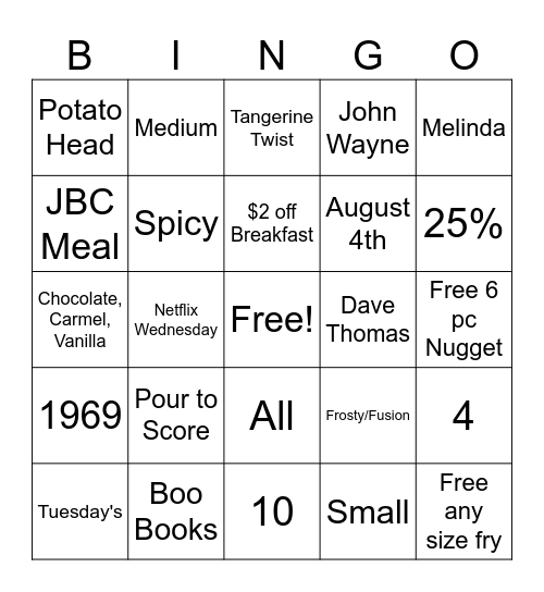 Wendy's Bingo Card