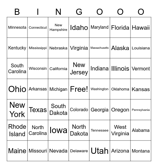 States Bingo Card